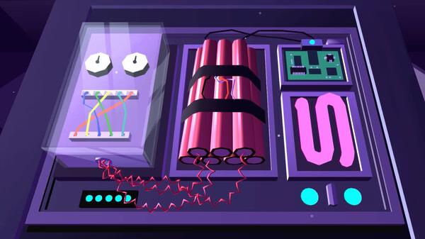 Agent A: A puzzle in disguise screenshot showing a bomb control panel with dynamite, wires, and buttons.