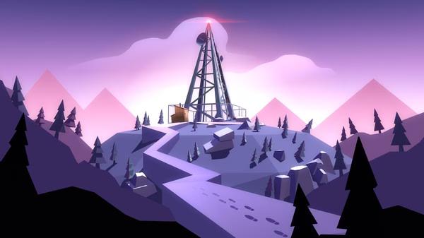 Agent A: A puzzle in disguise screenshot of a purple low-poly mountain landscape with a radio tower, pine trees, and footprints.