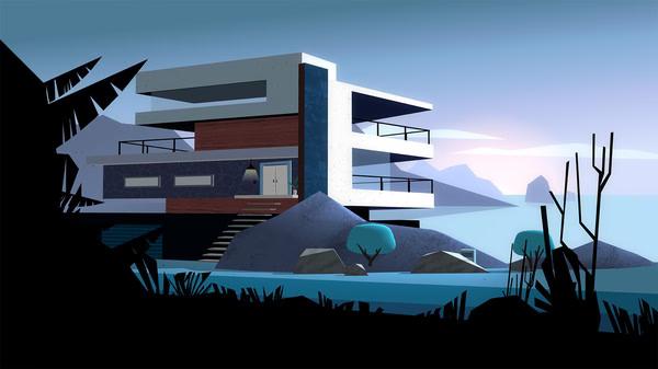 Agent A: A puzzle in disguise screenshot showing a modern geometric house on a rocky island with teal trees.