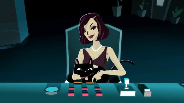 Agent A: A puzzle in disguise screenshot showing a woman in a purple dress petting a black cat at a control desk.