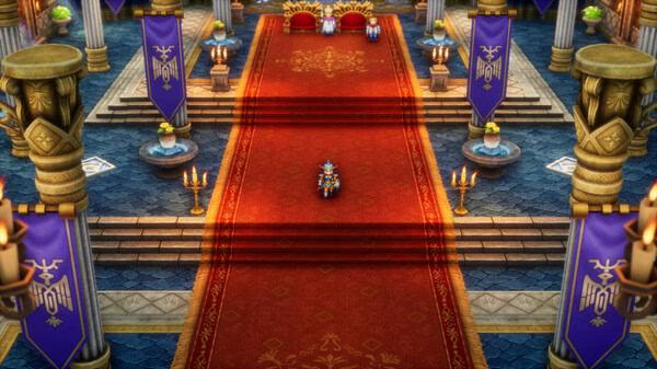 screenshot of DRAGON QUEST I & II HD-2D Remake showing a hero walking down a red carpet toward the throne.