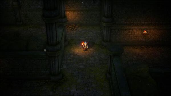 Screenshot of DRAGON QUEST I & II HD-2D Remake showing a lone hero with a torch in a dark stone dungeon.