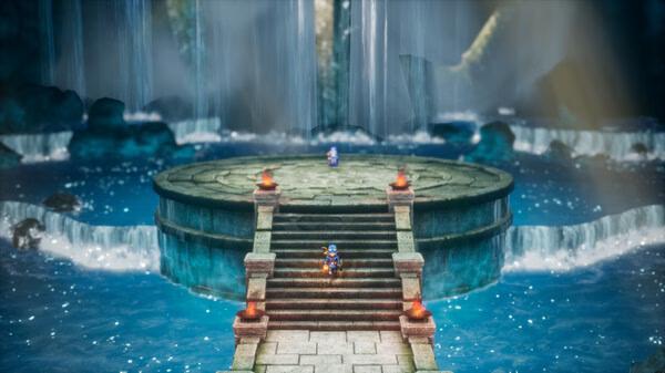 Screenshot of DRAGON QUEST I & II HD-2D Remake showing a hero on stone stairs before a waterfall shrine.