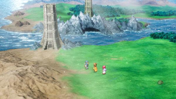 screenshot of DRAGON QUEST I & II HD-2D Remake showing three party members on a grassy coast near a tall stone tower and rocky sea.