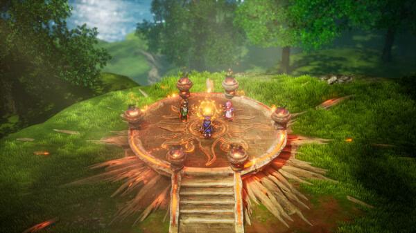 Game screenshot of DRAGON QUEST I & II HD-2D Remake showing three heroes on a glowing ritual platform in a forest.