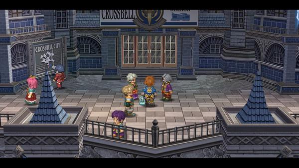 Screenshot from "The Legend of Heroes: Trails from Zero" showing characters standing in front of the Crossbell City entrance.