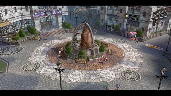 A screenshot from The Legend of Heroes: Trails from Zero showing a bustling plaza with a central bell monument surrounded by shops.