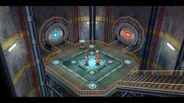 Screenshot from The Legend of Heroes: Trails from Zero showing two characters standing on a platform inside a futuristic facility.