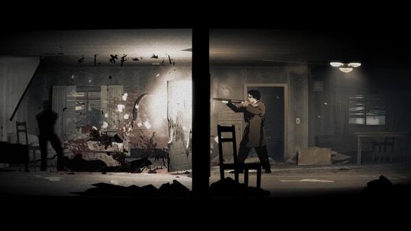 Silver Pines screenshot showing a man aiming a rifle in a dark, blood-splattered room.