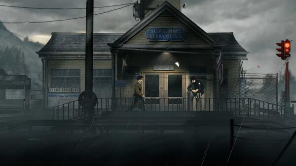 Silver Pines screenshot showing two men outside a dark, rainy ferry office at night.