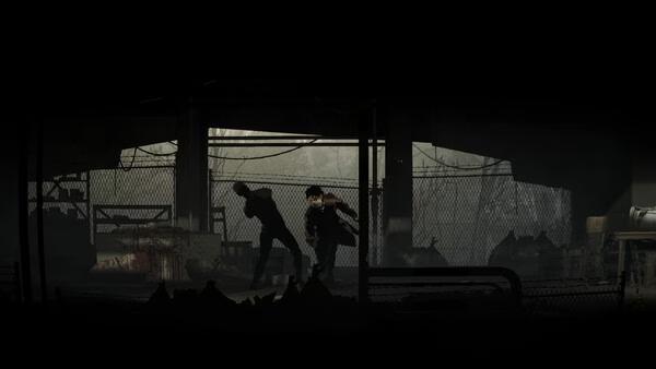 Silver Pines screenshot showing two silhouetted figures facing off in a dark industrial yard.