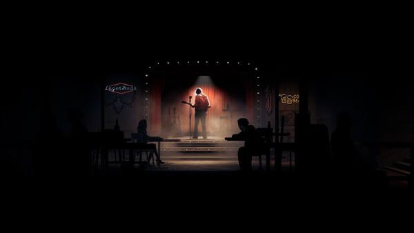 Silver Pines screenshot of a lone musician performing on a dimly lit bar stage under a spotlight.