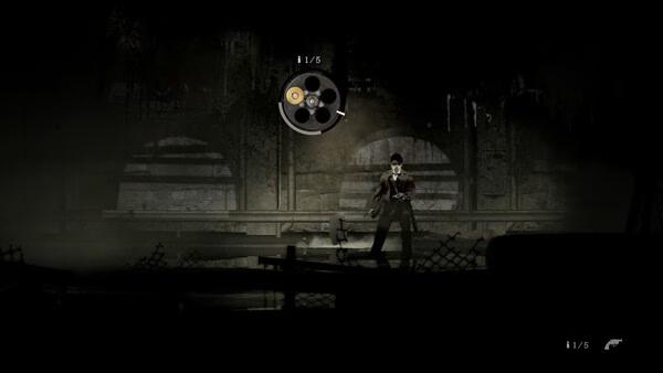 Silver Pines screenshot: a man in a trench coat and hat holds a gun in a dark, ruined area.