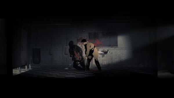 Silver Pines screenshot shows a man with a knife and a shadowy figure in a dark, bloody bathroom.