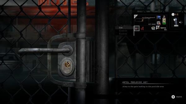 Silver Pines screenshot showing a locked chain-link fence gate with latch and keyhole, plus inventory UI.