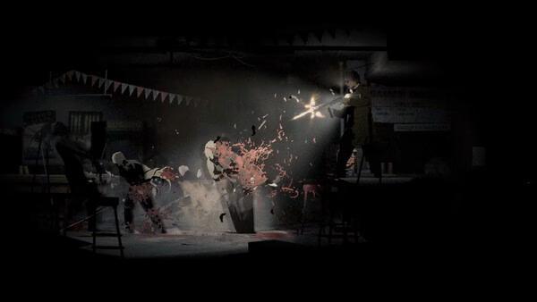 Silver Pines screenshot: a figure with a flashlight blasts a monstrous enemy amid blood splatter in a dark room.
