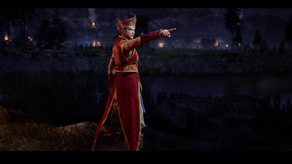 screenshot of DYNASTY WARRIORS 3: Complete Edition Remastered showing a woman in red pointing over a night battlefield.
