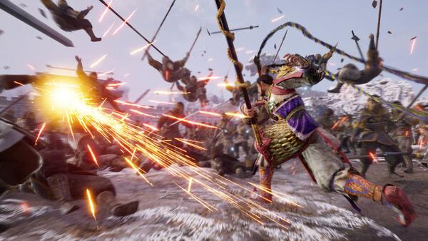 screenshot of DYNASTY WARRIORS 3: Complete Edition Remastered showing a warrior swinging a polearm amid flying enemies and sparks.