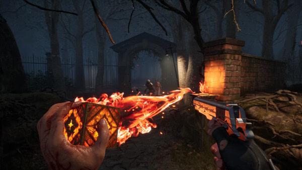 screenshot from Clive Barker's Hellraiser: Revival showing first-person hands holding a flaming puzzle box and shotgun.