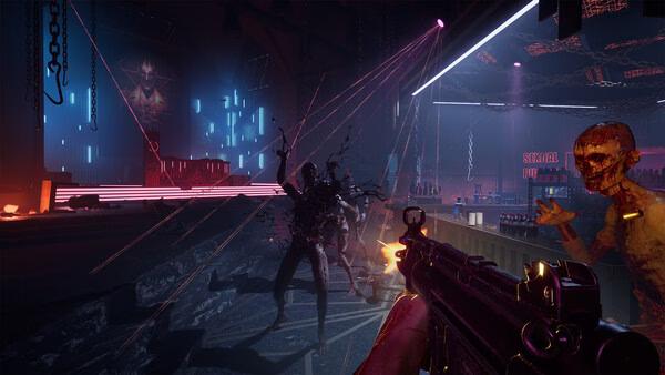 Clive Barker's Hellraiser: Revival screenshot shows a player firing a gun at monsters in a neon club.