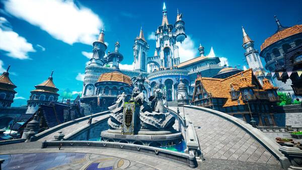 DragonSword : Awakening game screenshot showing a grand castle and statue fountain.