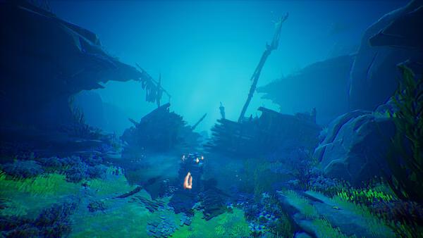 DragonSword : Awakening screenshot of an underwater scene with sunken ruins and seaweed.