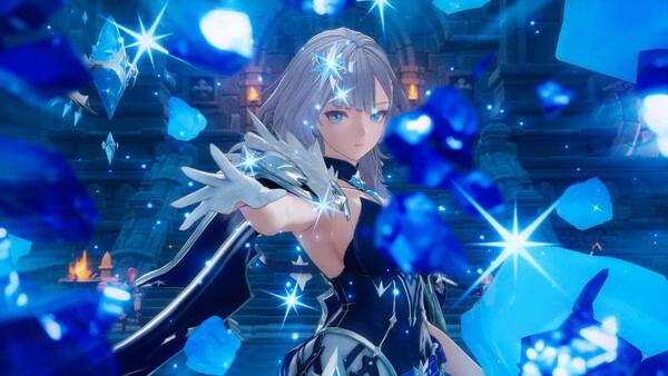 DragonSword : Awakening screenshot: a silver-haired female warrior surrounded by blue crystals.