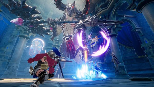 DragonSword : Awakening screenshot of warriors battling a giant armored dragon boss in a cathedral.