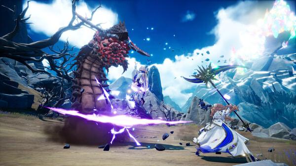 DragonSword : Awakening screenshot showing heroes fighting a giant monstrous worm in a rocky landscape.