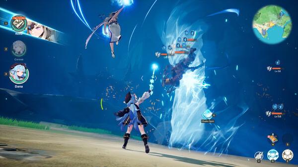 DragonSword : Awakening screenshot of a heroine in blue casting magic at a giant monster.