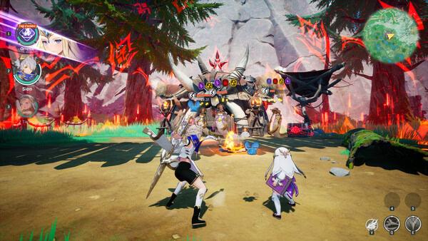 DragonSword : Awakening screenshot: two heroes face a horned beast boss by a campfire in a forest.