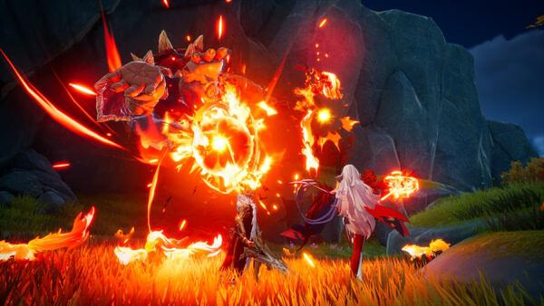 DragonSword : Awakening screenshot: heroes battle a giant fiery dragon monster amid flames.