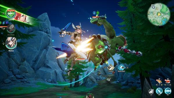 DragonSword : Awakening screenshot: a winged warrior battles a giant green dragon in a moonlit forest.
