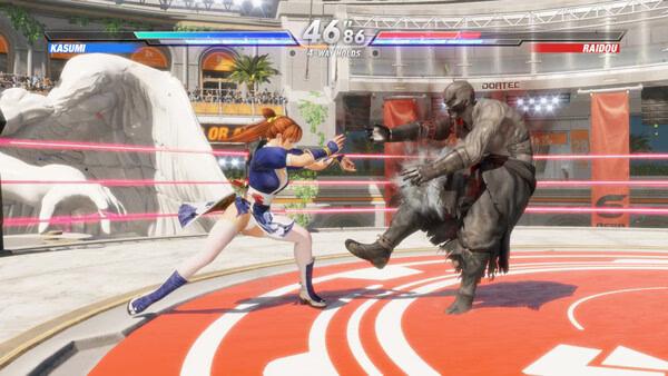 DEAD OR ALIVE 6 Last Round screenshot: Kasumi fights Raidou on a stage with health bars.