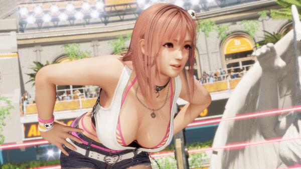 screenshot of DEAD OR ALIVE 6 Last Round showing a pink-haired woman in white top leaning forward in arena.