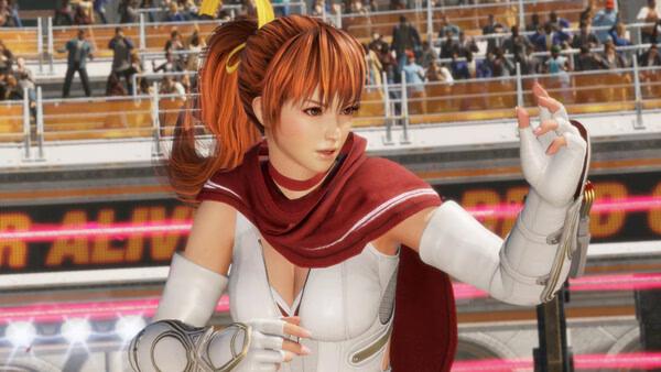 DEAD OR ALIVE 6 Last Round screenshot showing a female fighter in white outfit and red scarf posing in arena.
