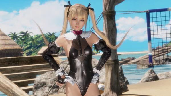 DEAD OR ALIVE 6 Last Round screenshot of a blonde twin-tailed woman in a black outfit on a beach volleyball court.