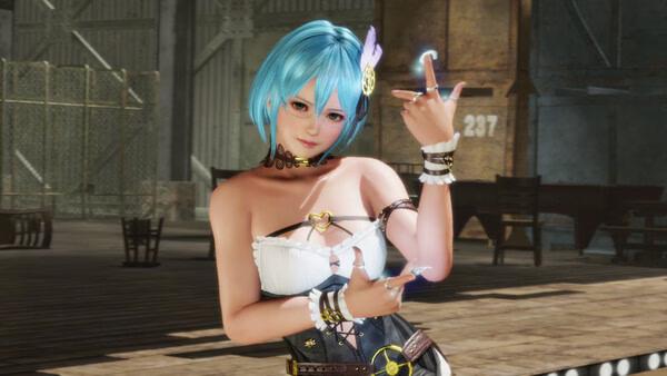 screenshot of DEAD OR ALIVE 6 Last Round with a blue-haired woman posing and making hand signs.