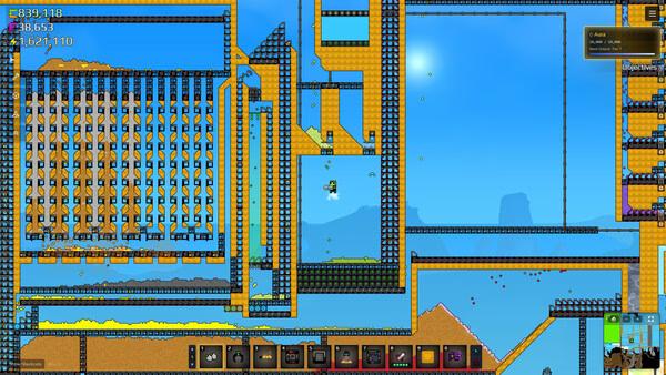 Sandustry screenshot showing a large yellow conveyor-belt factory above blue water.