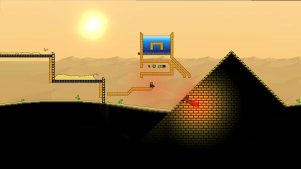 Sandustry screenshot showing a desert sunset, pyramid, conveyors, and a tiny character.