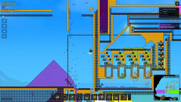 Sandustry screenshot showing a sprawling factory with conveyor belts, machines, and a purple pyramid.
