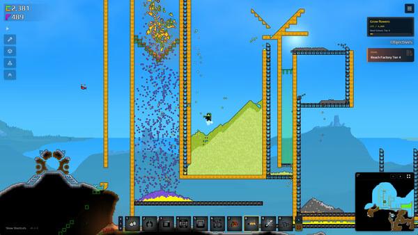 Sandustry screenshot showing falling colorful particles and yellow conveyor belts in-game.