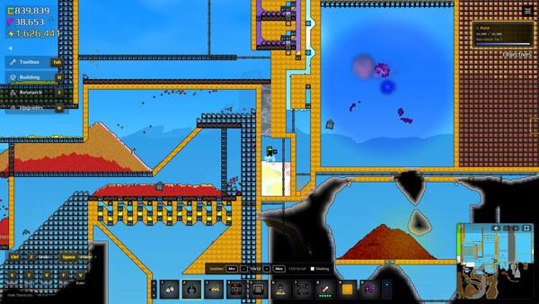 Sandustry screenshot showing conveyor belts, drills, and resource nodes in a 2D factory base.
