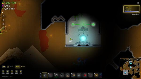 Sandustry screenshot showing a miner beside a glowing blue portal in a dark cave base