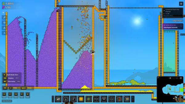 Sandustry screenshot showing purple sand falling onto conveyor belts amid factory machinery and UI panels.