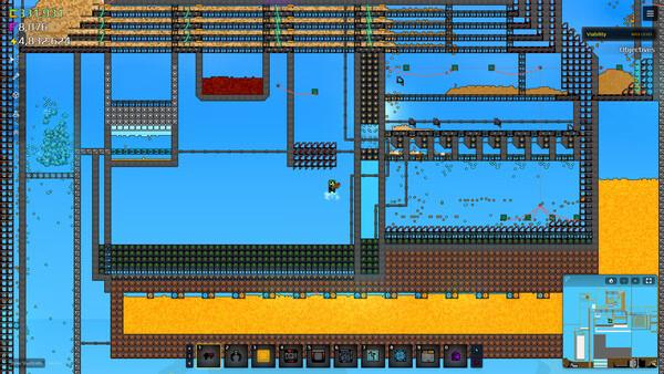 Sandustry screenshot of a large factory base with blue liquid, conveyor belts, pipes, and a tiny character.