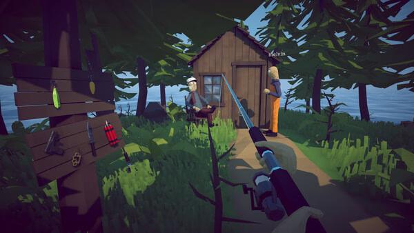 screenshot of How to Fish showing a first-person fishing rod, angler, cabin, and lake.