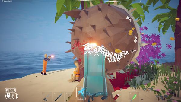 How to Fish screenshot showing a character shooting a giant spiky ball creature on a beach.