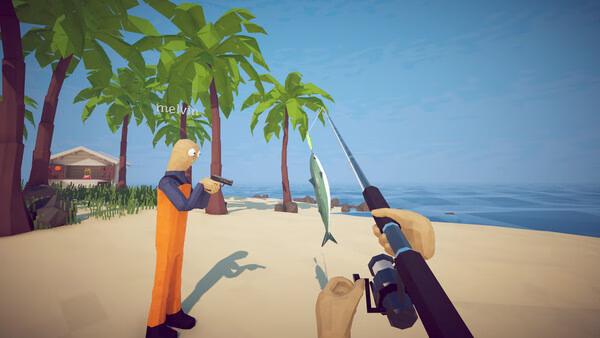How to Fish screenshot: first-person view fishing, fish on line near character in orange on beach.