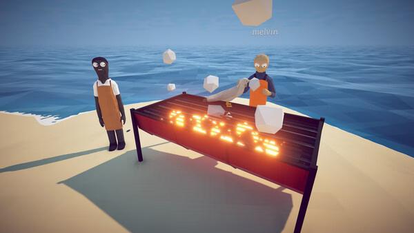 How to Fish screenshot: two characters stand by a beach grill with floating white cubes.